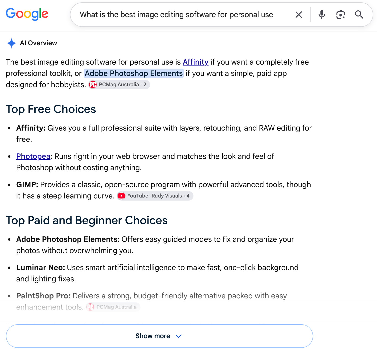Google AI Overview showing an answer for the best image editing software, with cited sources and recommended options.