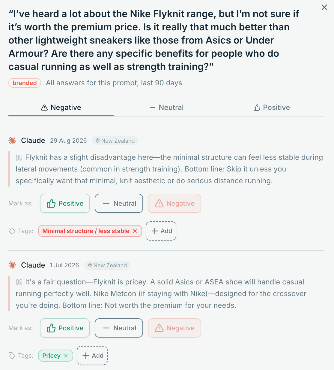 Prompt Tracking sentiment detail showing an AI prompt, sentiment tabs, Claude responses, and sentiment tags.